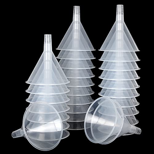 30Pcs Plastic Funnels Set, 4.7 Inch Wide Mouth Large Clear Funnels for Filling Water Bottles, Multipurpose Tool with Long Spout for Transferring Liquid, Spices, Powder, Lotion, Oils