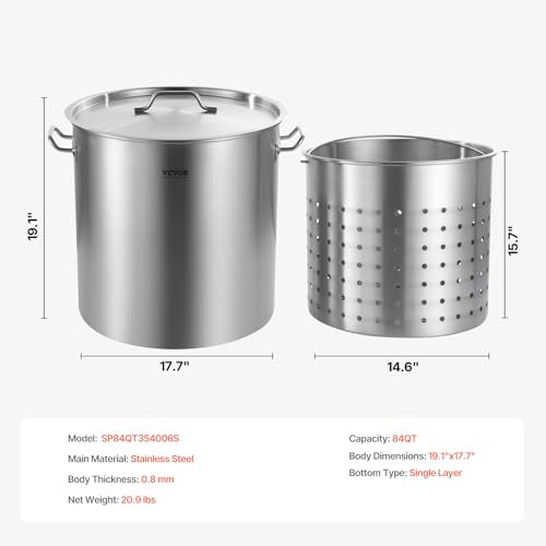 VEVOR Stainless Steel Stockpot, 84 Quart Large Cooking Pots, Cookware Sauce Pot with Basket, Lid, and Handle, Heavy Duty Commercial Grade Stock Pot, Sanding Treatment, for Large Groups Events Silver - size: 84 Quarts