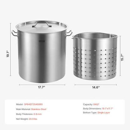 VEVOR Stainless Steel Stockpot, 84 Quart Large Cooking Pots, Cookware Sauce Pot with Basket, Lid, and Handle, Heavy Duty Commercial Grade Stock Pot, Sanding Treatment, for Large Groups Events Silver - size: 84 Quarts