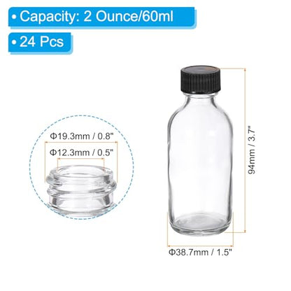 PATIKIL 2oz(60ml) Glass Sample Bottles, 24Pcs Round Bottle Dispensing Bottles with Black Poly Cone Cap for Reagent Liquids, Juice, Perfume Hot Sauce Ginger Shots, Transparent - color: Clear,Black, size: 2 oz