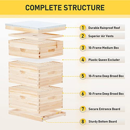 CO-Z Bee Hive Boxes Starter Kit, Langstroth Beehive for Bee Keeping, 3 Layer Bee House with 10 Medium and 20 Deep Frames & Foundations, Beekeeping Supplies with Plastic Queen Excluder and Nails