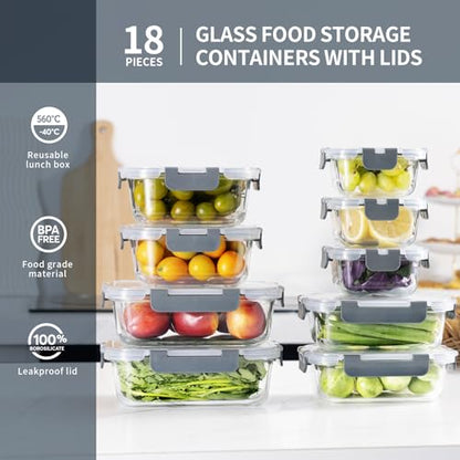 S SALIENT 18 Pieces Glass Food Storage Containers with Lids,Airtight Glass Meal Prep Containers,Glass Storage Containers Set for Kitchen,Pantry BPA Free & Leak Proof (9 lids & 9 Containers) - color: Gray