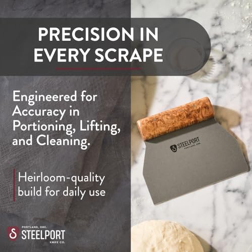 Steelport Bench Scraper | USA Made Dual Edge Stainless Steel Dough Cutter | 18-Gauge Steel Blade, Tapered Maple Burl Handle | Kitchen Gadgets for Bakers, Professionals, Home Cooks | Gift for Bakers