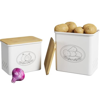 Lifewit Plastic Potato and Onion Storage Bin, Stackable Garlic Keeper with Aerating Holes and Lid, Vegetable Container Box for Pantry Countertop, White, 24 x 18 x 24 cm/9.5 x 7 x 9.5 inch, Set of 2 - color: White