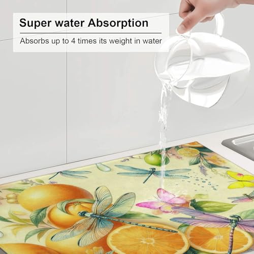 Kitchen Drying Mat for Countertop Citrus Dragonfly Botanical Pattern Non-Slip Kitchen Counter Mat for Dishes Glassware - color: Orange Yellow