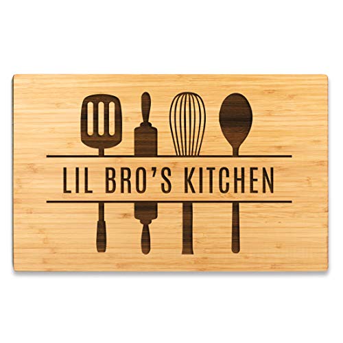 Andaz Press Large Bamboo Wood Cutting Board Gift, 17.75 x 11-inch, Lil Bro's Kitchen, Utensils Graphic, 1-Pack, Laser Engraved Serving Chopping Board Christmas Birthday Chef Kitchen Ideas - color: Lil Bro