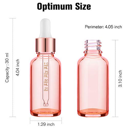 PrettyCare 4 Pack 1oz Dropper Bottles for Essential Oils with Labels, Funnel & Measured Pipettes, 30 ml Leak Proof Rose Glass Essential Oils Bottles- Empty Tincture Bottles for Personal Care & Beauty - color: 1oz Rose, style: 4 Pack