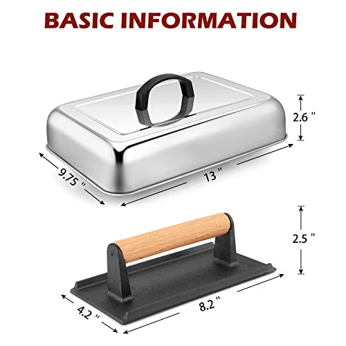 HaSteeL 33 x 24cm(13 x 9.75인치) 멜팅 돔 & 20.3 x 10.2cm(8 x 4인치) 버거 프레스, 베이컨 프레스가 있는 직사각형 베이스팅 스팀 커버, 플랫 탑 철판구이 히바치 그릴 요리 바베큐용 금속 그리들 액세서리, 간편한 세척 - size: Dome + 8x4in iron press