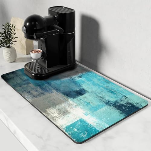 Dish Drying Mat for Kitchen Counter, Teal and Grey Abstract Art, Absorbent Quick Dry Pad with Rubber Backing, Draining Mat Dish Rack Pad for Dishes, Utensils, Countertops, Sinks 12" x 20 - color: Teal and Grey