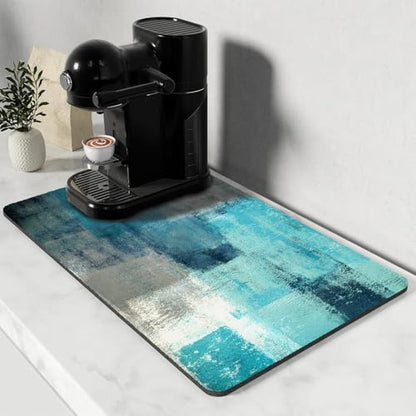 Dish Drying Mat for Kitchen Counter, Teal and Grey Abstract Art, Absorbent Quick Dry Pad with Rubber Backing, Draining Mat Dish Rack Pad for Dishes, Utensils, Countertops, Sinks 12" x 20 - color: Teal and Grey