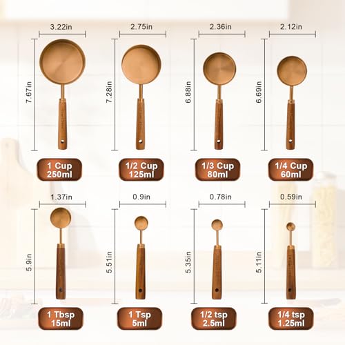 Premium Measuring Cups and Spoons Set with Wood Handle, 8-Pieces Stainless Steel Liquid and Dry Measuring Cup Set for Baking, Cooking, Coffee with Ergonomic Grip & Engraved Markings (Bronze8) - color: Bronze8