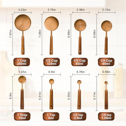 Premium Measuring Cups and Spoons Set with Wood Handle 8PCS | Stainless Steel Liquid and Dry Measuring Cup Set for Baking, Cooking, Coffee with Ergonomic Grip & Engraved Markings (Bronze) - color: Bronze8