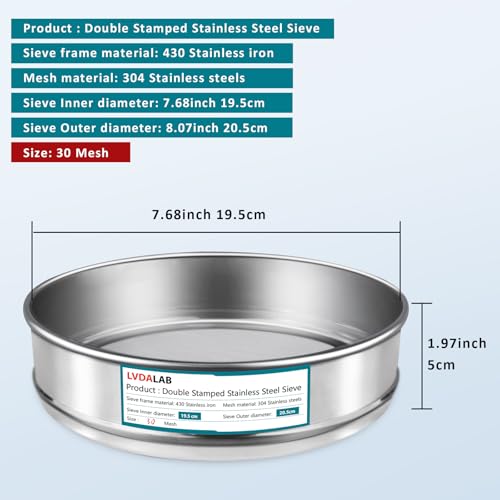 304 Stainless Steel Mesh Lab Sieve, 30 Mesh (0.6mm) Aperture Test Sieve, 7.9Inch(20cm) Diameter Economy Standard Analysis Sample Test Sieves for Industrial Laboratory Homes - size: 30Mesh(0.6mm)/Ф7.9in