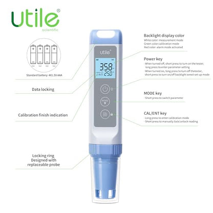 Utile pH Meter Pro,±0.01pH Accuracy pH Tester Kit, Auto Temp. Compensation, Auto 1-3 Points Calibration,Waterproof,LCD Display,4434.0003.1