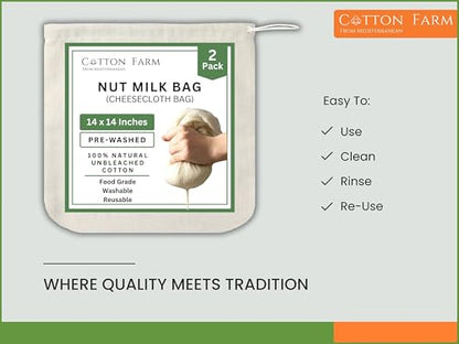 Cotton Farm Nut Milk Bag & Cheese Cloth Bag (Ultra Dense), XL 14 × 14 Inch, 100% Unbleached Cotton Cheesecloth for Precise Food Straining, Washable & Reusable - size: 14 x 14 inch / 2 pieces