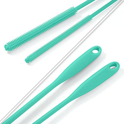 Silicone Straw Brush 4 Pack - (2 Small, 2 Wide) - 10 Inches Reusable Straw Cleaner, Pipe Cleaners, Straw Cleaning Tool for Drinking Straws, Pipes, Tubes, Glass and Detailing (Teal) - color: Teal