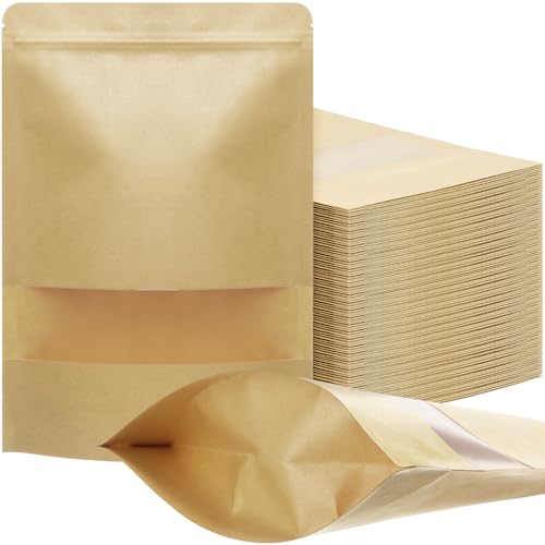 Geosar 600 Pcs Stand up Kraft Pouches with Window 7 x 10 Inch Kraft Paper Sealable Pouches with Notch Heat Sealable Resealable Bags for Small Business, Zipper Food Storage for Packaging, Snacks - size: 7 x 10 Inch