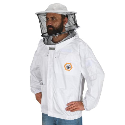 Beekeeping Jacket with Round Veil - Breathable Cotton Beekeeper Suit with YKK Zippers & Protective Hood (BP-102-White)-XXL - color: White Round Veil, size: XX-Large