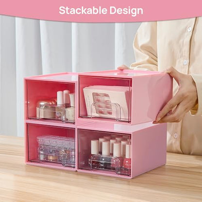 Vtopmart 4 Pack Small Clear Stackable Storage Drawers, Acrylic Bathroom Makeup Organizer, Plastic Storage Bins for Vanity, Undersink, Kitchen Cabinets, Pantry, Home Organization,Pink - style: 4pack-Pink
