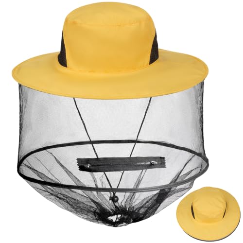 Sucrain Mosquito Head Net Hat Sun Hat Garden Bug Hat with Hidden Net Mesh for Outdoor Gardening Beekeeping - color: Bright Yellow