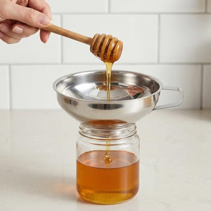 Kenaoeoe 4 PCS Stainless Steel Canning Funnel and Can Strainer Set Wide and Regular Mouth Kitchen Funnels with Fine Mesh Strainers for Kitchen Use