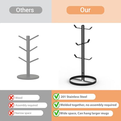 Mug Holder Tree,Coffee Mug Tree with 6 Hooks, Coffee Cup Holder,Stainless Steel Home Storage Mug Standing Rack for Big Mugs,Coffee Cup Countertop Stand Holders (Black) - color: Black