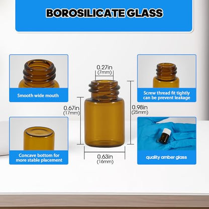 12PCS 2ml Amber Glass Vials with White Screw Caps and Plastic Stoppers, 1/2 Dram Leak-Proof Small Liquid Sample Bottles for Essential Oils, Perfumes, Reagents - color: AMBER, size: 2ml