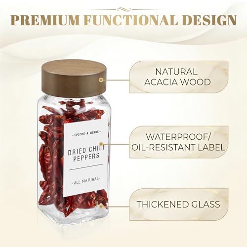 ZEHIQ 12Pcs 4oz Square Glass Spice Jars with Labels and Acacia Wood Lids | Food-Grade Seasoning Containers, Moisture-Proof, Shaker Lids, 268 Labels, Markers, Funnel, Brush, for Cabinet Drawer