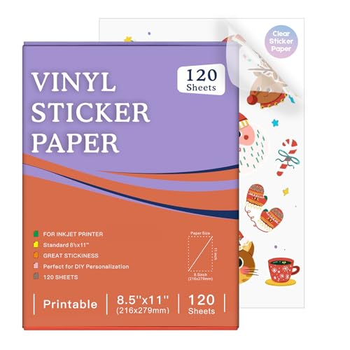 Aevdor 120 Sheets Premium Printable Clear Vinyl Sticker Paper for Inkjet Printer, 8.5x11" Transparently Vinyl Sticker Paper Waterproof, Dries Quickly, Vivid Colors, Great for Cutting Machines - size: 120 Sheets