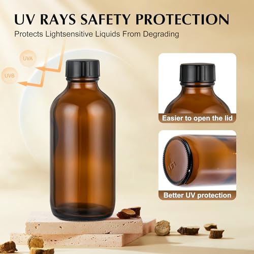Small Glass Bottles with Lids Boston Round Shot Bottles for Health, Immunity, Ginger Juice, Essential Oils, Potion - Leak Proof Mini Travel Containers (Amber UV, 4oz-12Pack) - color: Amber UV, size: 4oz-12Pack