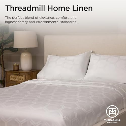 Threadmill 100% Cotton Sheets for Full Size Bed - 600 Thread Count Full Bed Sheets Set with 16” Deep Pocket - Jacquard Sateen Weave 4-Piece Bedding Set with Cooling Effect, White - color: Hotel White Olivia, size: Full