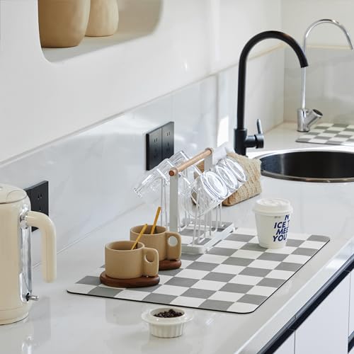 Ohocut Checkered Dish Drying Mat for Kitchen Counter, Coffee Bar Station Accessories, Retro Cute Aesthetic Modern Absorbent Drainer Mat Kitchen Drying Mat Easy Clean, Grey 12" x 19" - color: Gray, size: 19" x 12"
