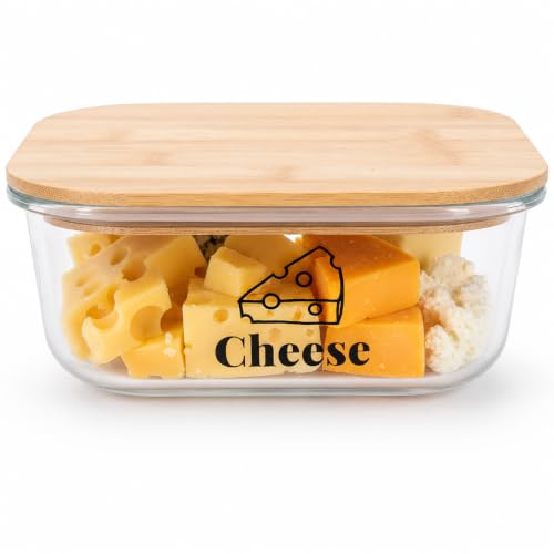 Cheese Container for Refrigerator,Glass cheese slice holder with Wooden Lid,Lunch Deli Meat Containers for Fridge,BPA-Free Shredded Cream Block Sliced,Grated,CheddarCheeses Storage Box Saver keeper