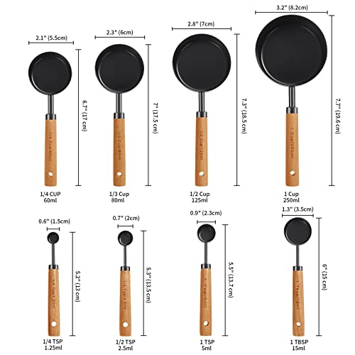 GuDoQi 8Pcs Measuring Cups and Spoons Set, Wooden Handle, Premium Stainless Steel with Metric & US Measurements, Nesting for Dry/Liquid Kitchen/Food/Baking, Black - color: Black
