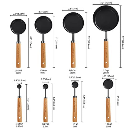 GuDoQi 8Pcs Measuring Cups and Spoons Set, Wooden Handle, Premium Stainless Steel with Metric & US Measurements, Nesting for Dry/Liquid Kitchen/Food/Baking, Black - color: Black