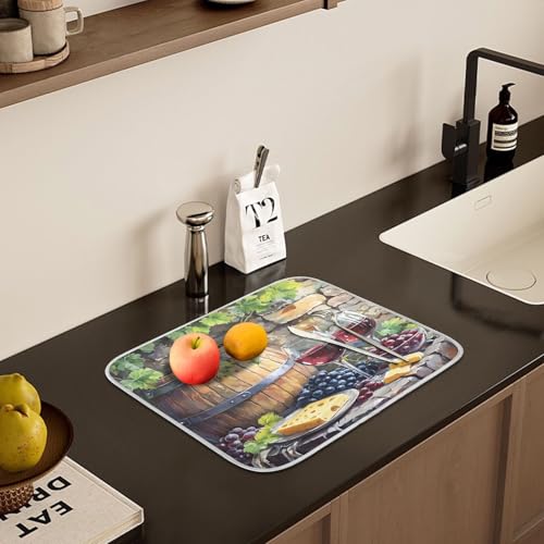 Red Wine Bottles Grapes Cheese Rustic Dish Drying Mats for Kitchen Counter, 18x24 inch Drying Dishes Absorbent Microfiber Dish Drainer Mat Rack Pad Fast Dry - size: 18x24in