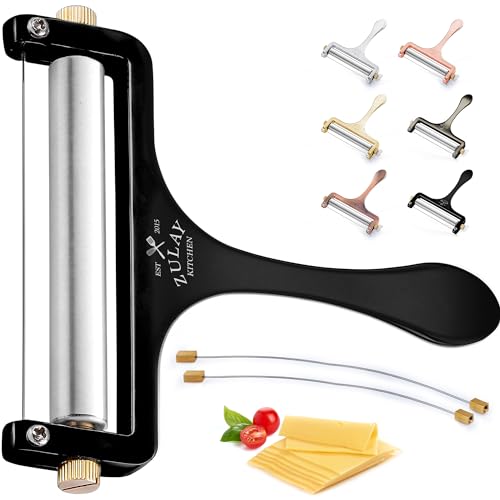 Zulay Kitchen Stainless Steel Wire Cheese Slicer - Adjustable Hand Held Cutter with 2 Extra Wires - Premium Cheese Shaver For Mozzarella, Cheddar, Gruyere - Black - color: Matte Black