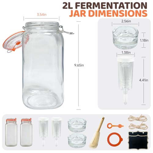 Fermentation Jar, 2 Pack 64oz Glass Fermenting Kit with Fermenting Weights Airlocks Brush,Sealed fermentation lids Tracks ferment date - size: 2L/64oz