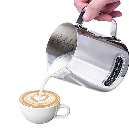 Milk Frother Cup, Dailyart 304 Stainless Steel Milk Frothing Pitcher with Thermometer - Milk Pitcher with Scale Espresso Machine Accessories for Coffee, Cappuccino, Espresso, Latte Art (600ml/20oz) - size: 20.3 Ounces