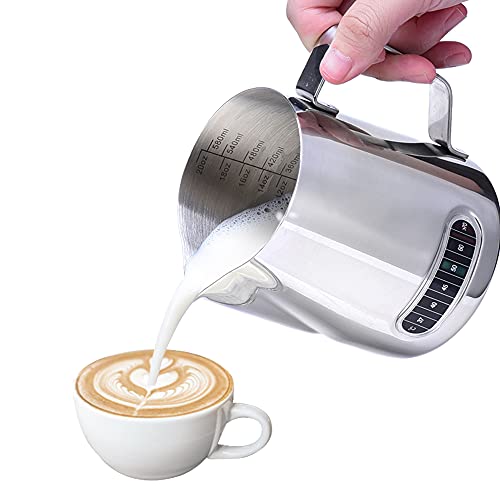 Milk Frother Cup, Dailyart 304 Stainless Steel Milk Frothing Pitcher with Thermometer - Milk Pitcher with Scale Espresso Machine Accessories for Coffee, Cappuccino, Espresso, Latte Art (600ml/20oz) - size: 20.3 Ounces