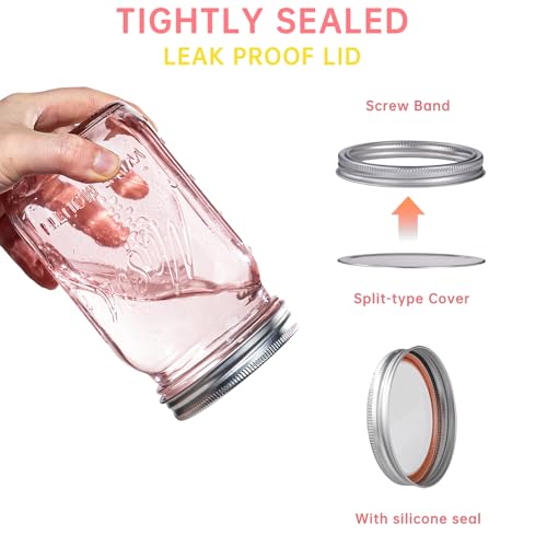 SUT Wide Mouth Mason Jars 32 oz,9 Pack Quart Mason Jars With Airtight lids and Bands,Pink Canning Jars 32 oz for Preserving,Meal Prep,Overnight Oats,Fermenting, Pickling - color: Pink