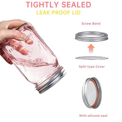 SUT Wide Mouth Mason Jars 32 oz,9 Pack Quart Mason Jars With Airtight lids and Bands,Pink Canning Jars 32 oz for Preserving,Meal Prep,Overnight Oats,Fermenting, Pickling - color: Pink