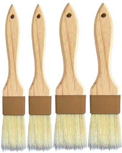 Natural Bristle Basting & Pastry Brush Set - 1.5"& 1" Food Grade Cooking Brushes, Not Shedding, for Turkey Basting, Butter, Egg Wash, Baking (4 Pc)