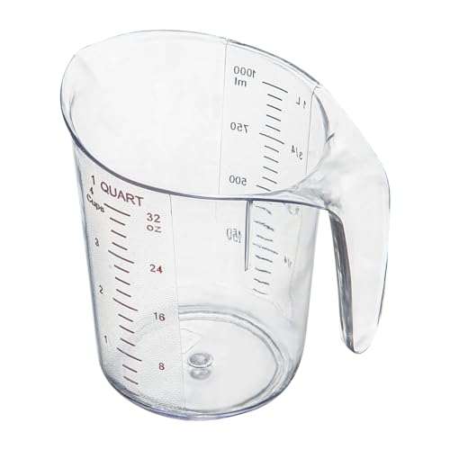 Restaurantware RW Base 1 Quart Measuring Jar 1 Durable Measuring Beaker - Metric And Imperial Units V-Shaped Spout Clear Plastic Measuring Cup Handle With Thumb-Grip Tolerates Up To 248F - color: Clear, size: 6.50" × 4.75" × 6.00"
