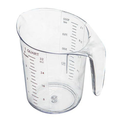 Restaurantware RW Base 1 Quart Measuring Jar 1 Durable Measuring Beaker - Metric And Imperial Units V-Shaped Spout Clear Plastic Measuring Cup Handle With Thumb-Grip Tolerates Up To 248F - color: Clear, size: 6.50" × 4.75" × 6.00"
