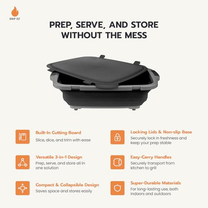 Drip EZ Collapsible BBQ Prep Tubs 3-Piece Set- For Meal Prep Marinating Food Storage - Includes Cutting Board & Lid - (1) JR + (1) OG + (1) XL - Black - color: Black
