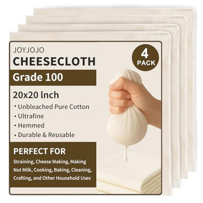 Cheesecloth 4-Pack 20x20 Inch – Organic Unbleached Cotton Grade 100, Reusable Hemmed Cloth for Cooking, Juicing, Cheese & Nut Milk Making - size: 20*20Inch 4PCS