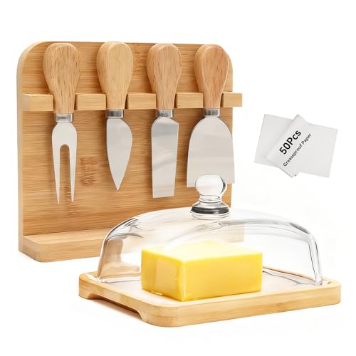 Butter Dish with Lid and 4 Cheese Knives Set, Bamboo and Glass | Glass butter dish with bamboo lid, 4 cheese knives included, 50 greaseproof paper sheets, Dishwasher safe, Easy to clean