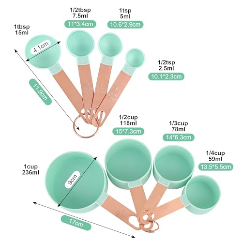 8-Piece Stackable Rose Gold Stainless Steel Handled Measuring Cups and Spoons for Measuring Dry and Liquid Ingredients (Pink) - color: Pink