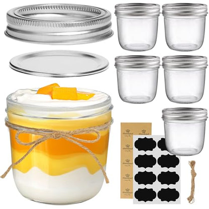 ComSaf 8 oz Wide Mouth Mason Jars, 6 Pack Small Half Pint Jars with Lids | BPA-Free, Half-Pint Portion, Chunky Salsa, Overnight Oats, Party Favors, Meal Prep, DIY Candles, Labels and Twine - size: 8oz*6 wide mouth